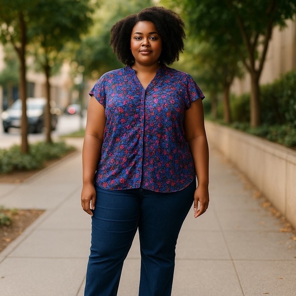 JASAMBAC Women plus size 2X Floral ruffle flutter sleeve button up Blue Blouse - Picture 2 of 8
